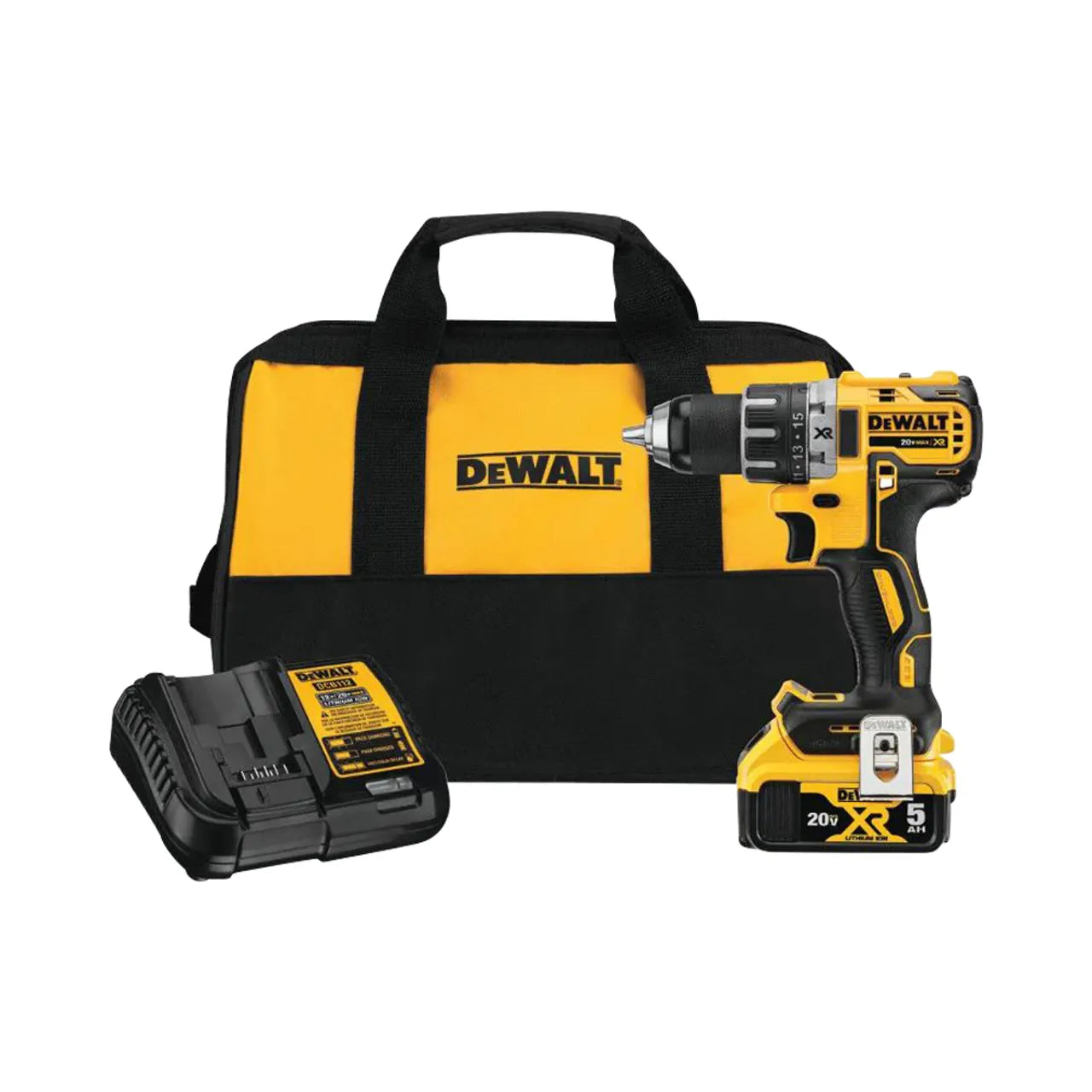 A Go Build 20V MAX XR Cordless Brushless 1/2 in. Drill/Driver set with battery, charger, and a matching carrying bag, branded as The Fastest Way To Build.